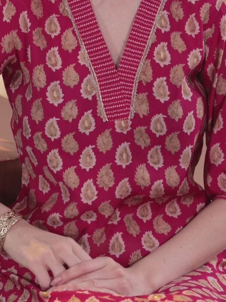 Pink Printed Silk Blend Straight Kurta Set