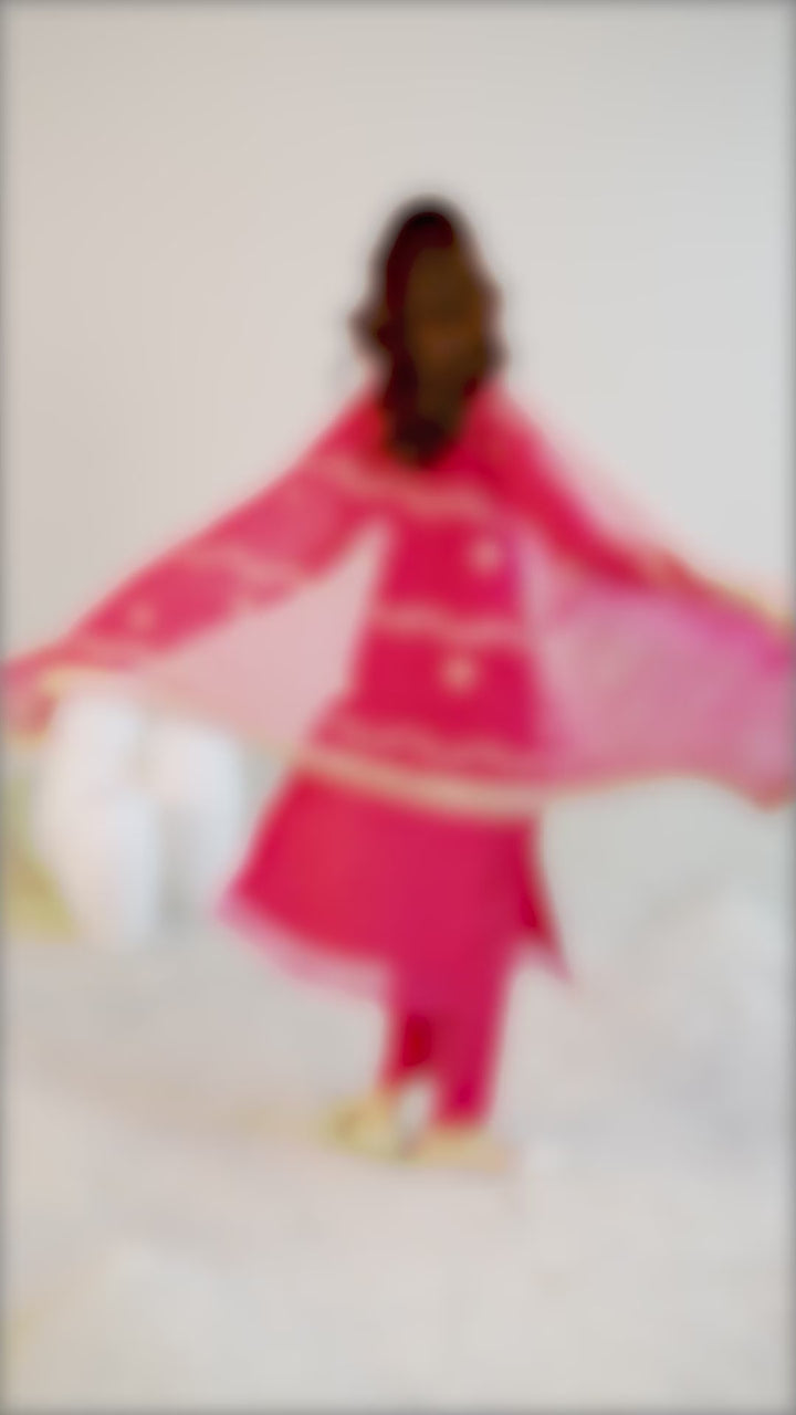 Pink Yoke Design Organza Straight Suit Set With Dupatta