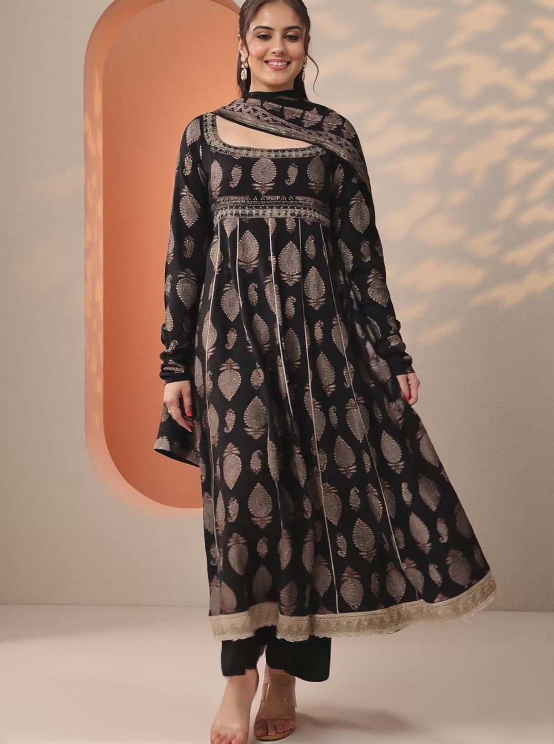 Black Printed Silk Blend Anarkali Suit Set With Dupatta