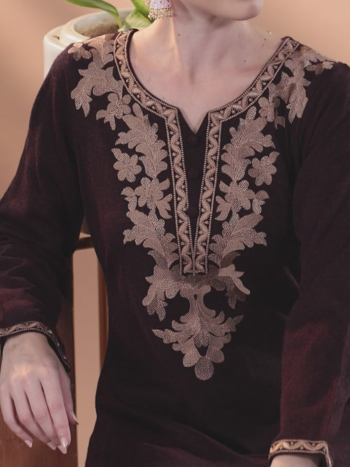 Wine Yoke Design Wool Straight Kurta Set