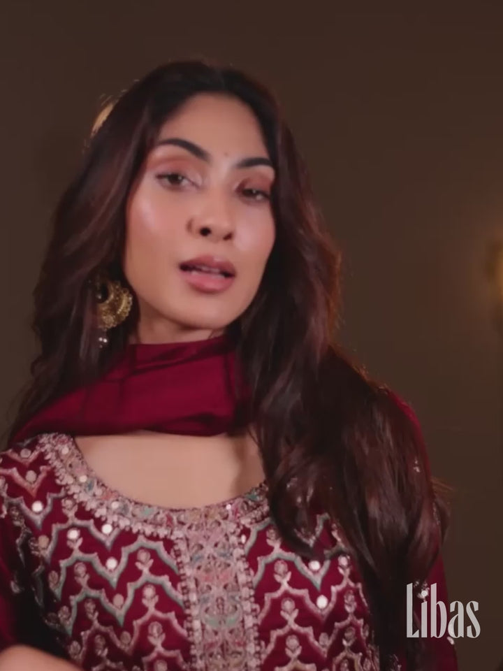 Adaa Wine Embroidered Silk Blend Straight Kurta With Palazzos & Dupatta