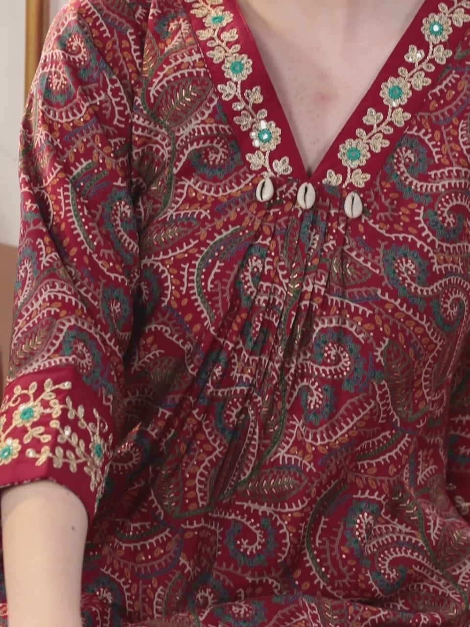 Red Printed Silk Blend A-Line Kurta With Trousers & Dupatta