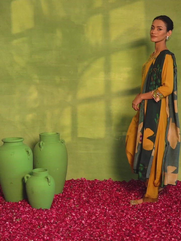 Mustard Yoke Design Muslin Straight Suit With Dupatta