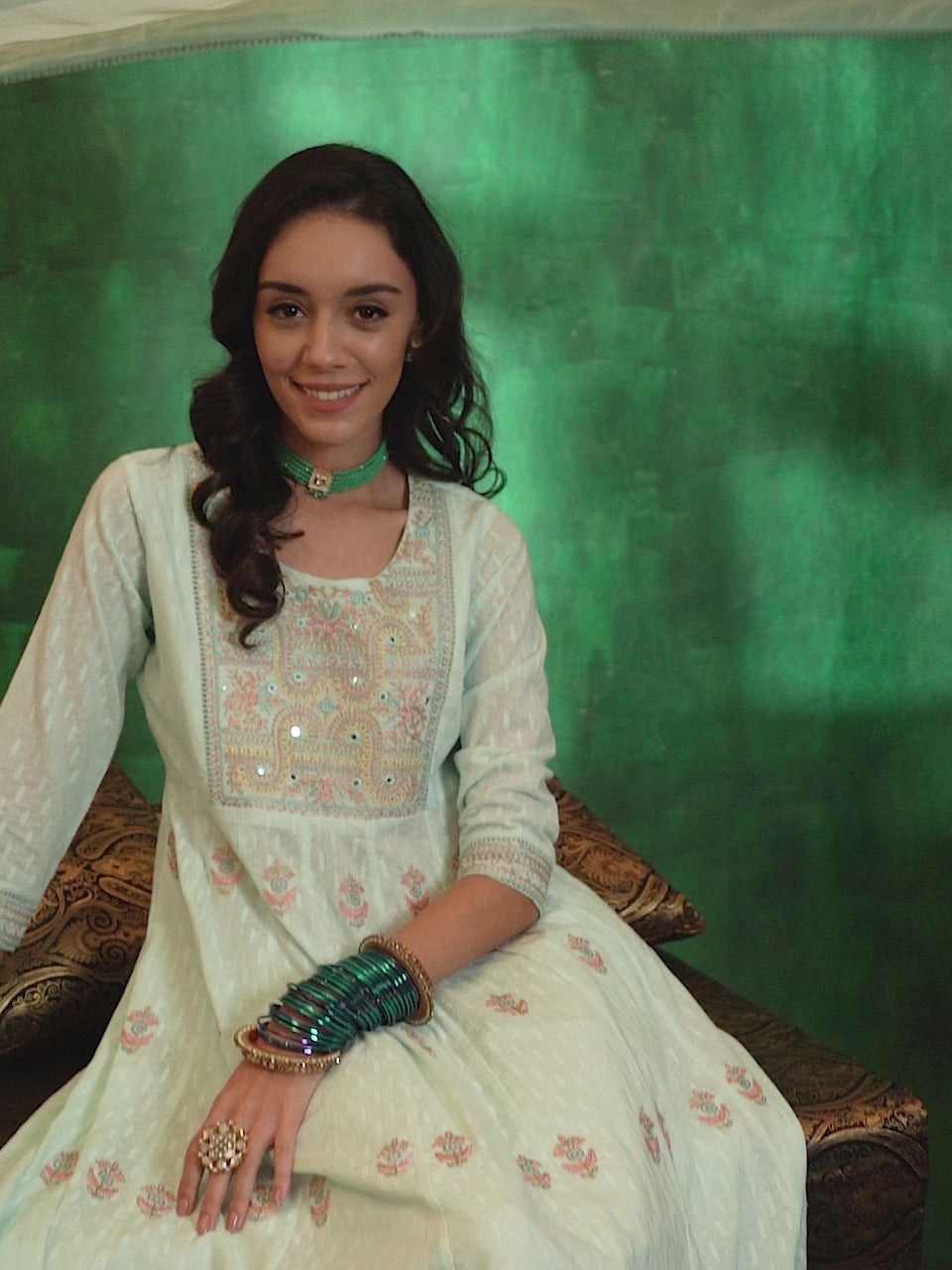 Blue Embroidered Cotton A-line Kurta With Trousers & Dupatta