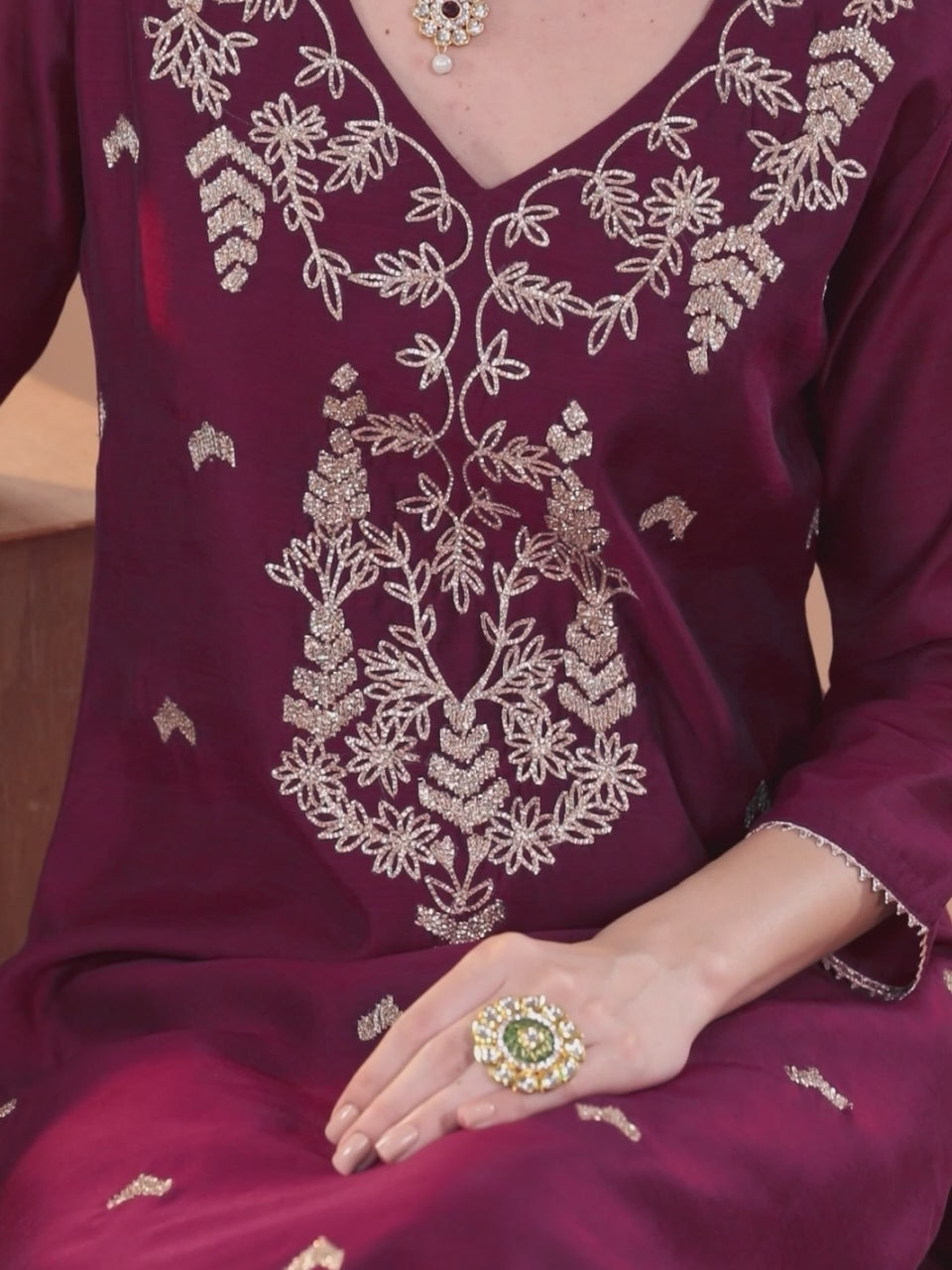 Wine Embroidered Chanderi Silk Straight Suit With Dupatta