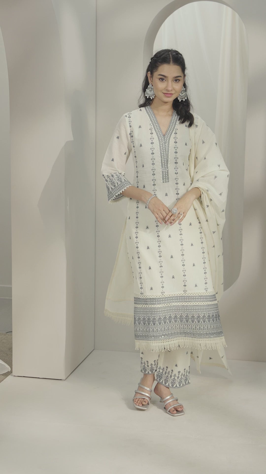 Off White Embroidered Cotton Straight Suit Set With Dupatta