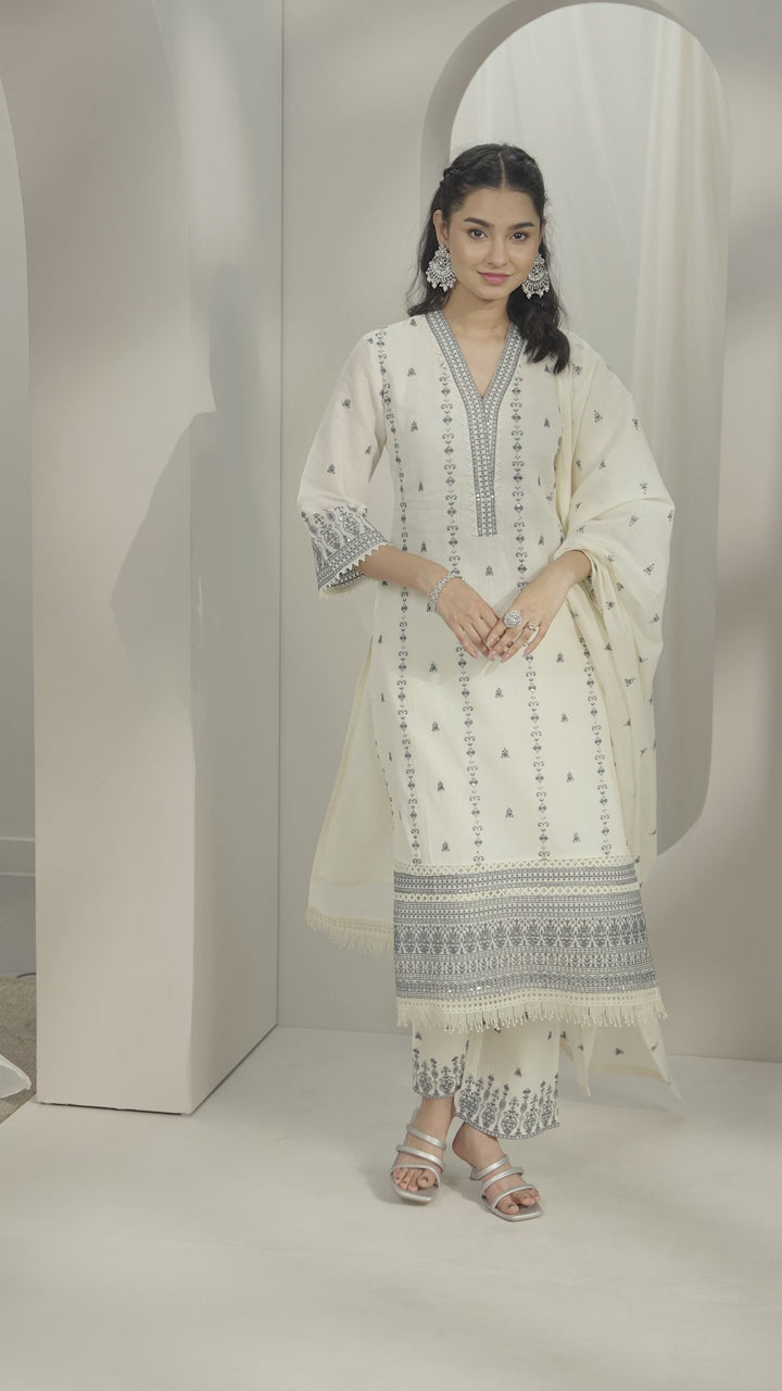 Off White Embroidered Cotton Straight Suit Set With Dupatta