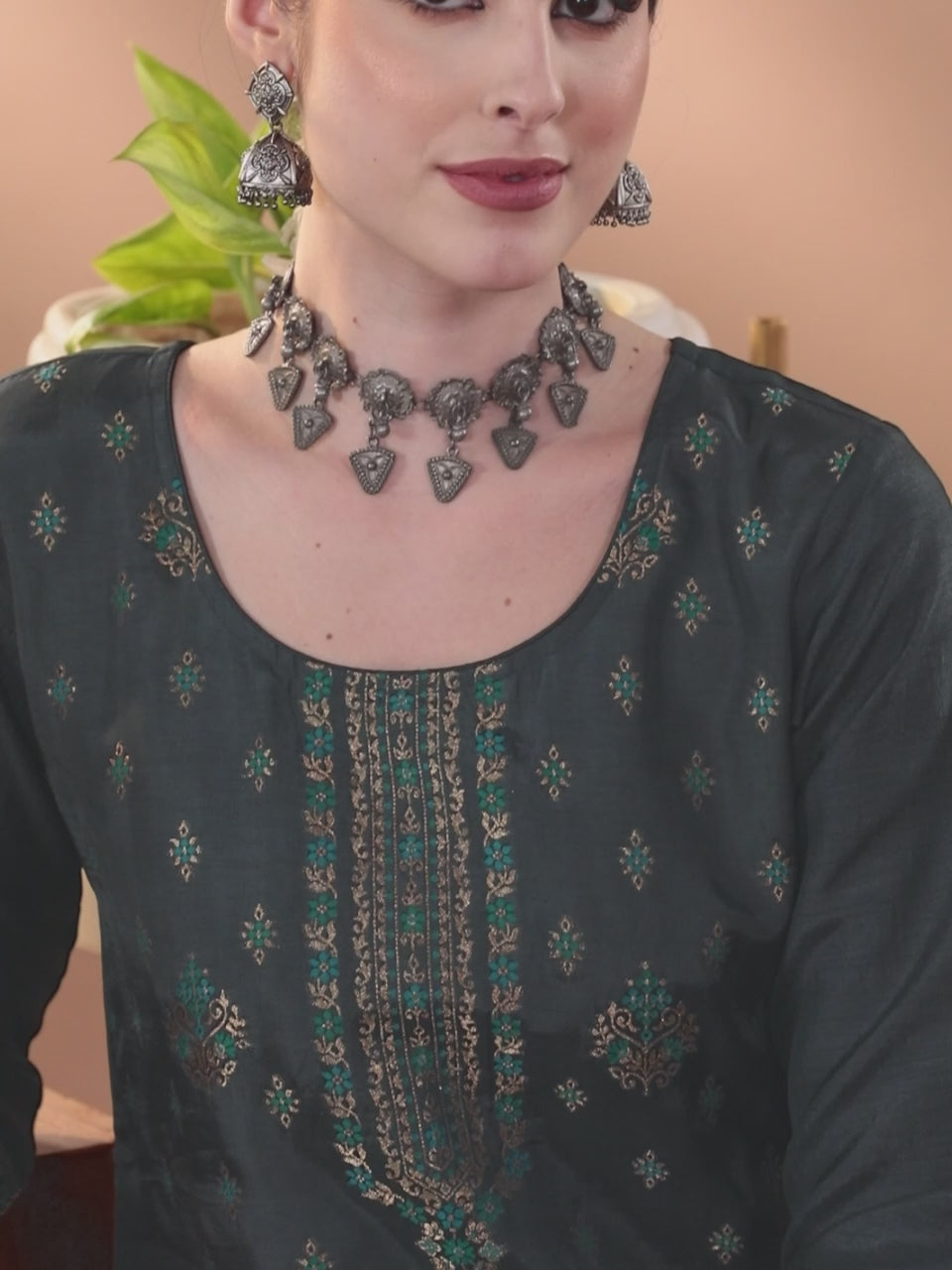 Grey Woven Design Silk Blend Straight Suit With Dupatta