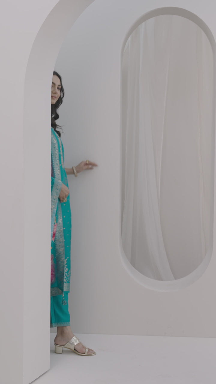 Rama Woven Design Silk Blend Straight Suit Set With Dupatta