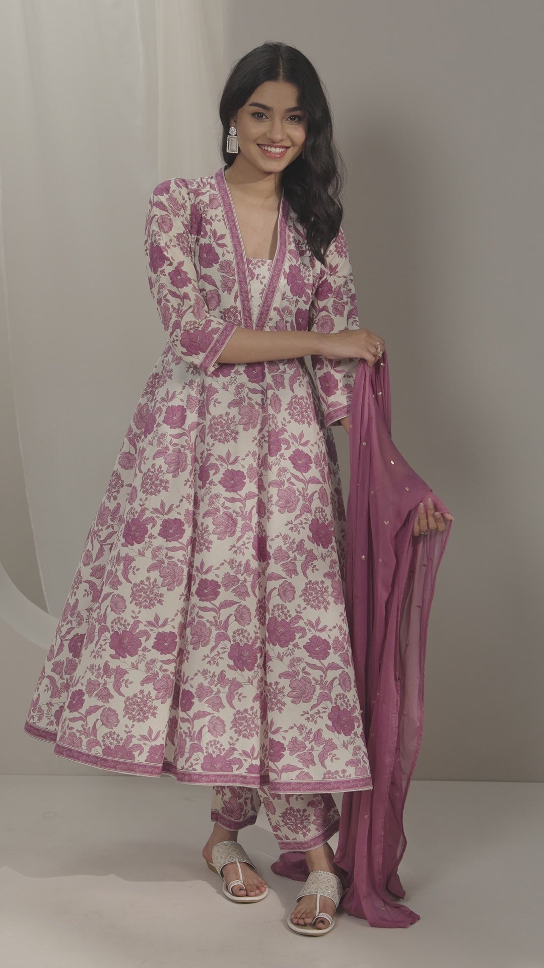 Mauve Printed Cotton Anarkali Suit Set With Dupatta