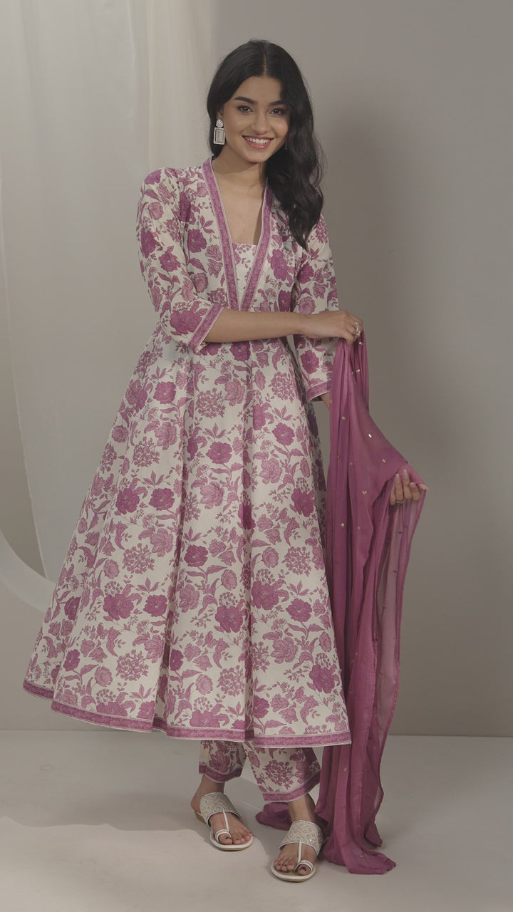 Mauve Printed Cotton Anarkali Suit Set With Dupatta