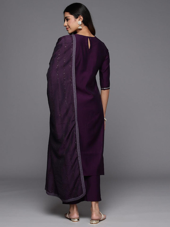 Purple Embroidered Silk Blend Straight Suit With Dupatta