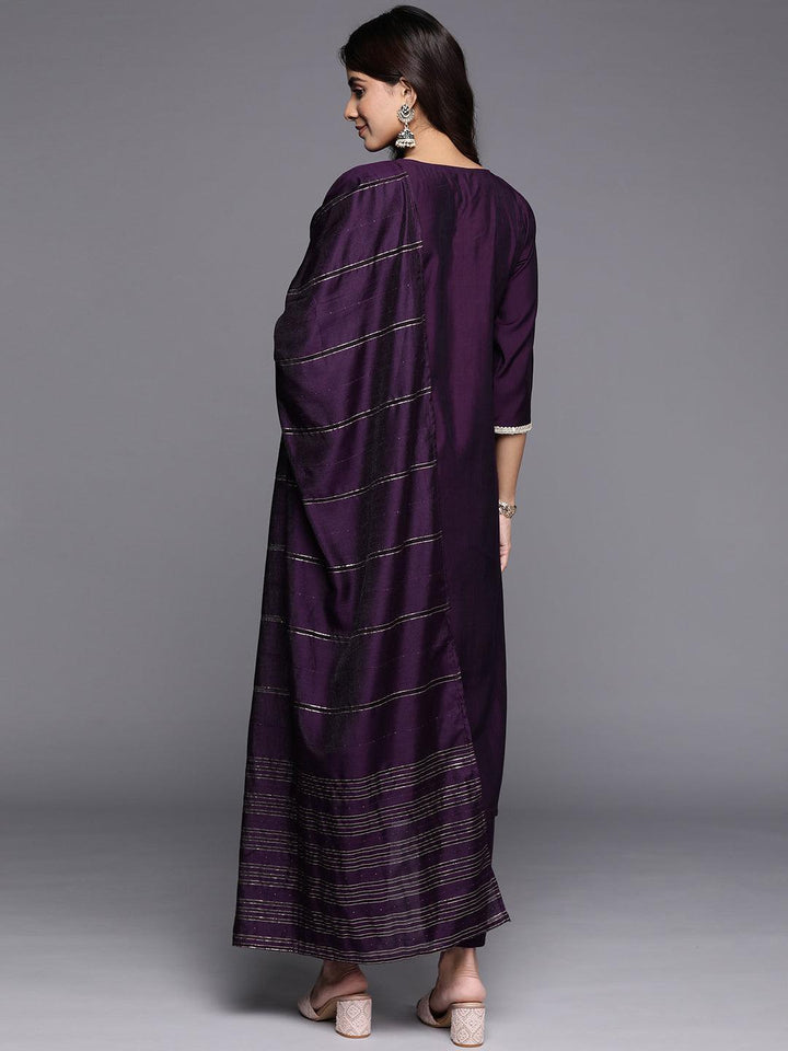 Purple Embroidered Silk Blend Straight Suit With Dupatta