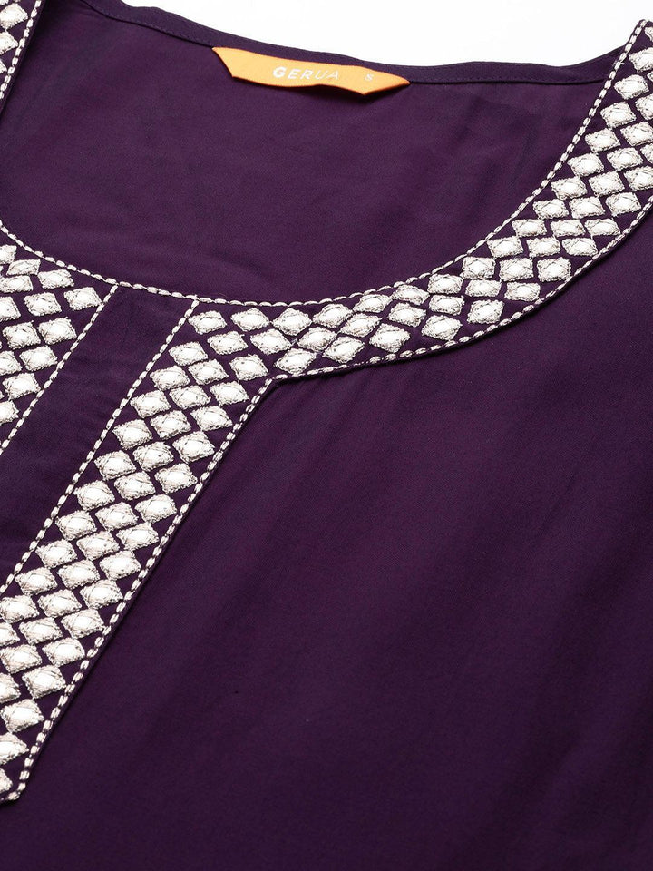 Purple Embroidered Silk Blend Straight Suit With Dupatta