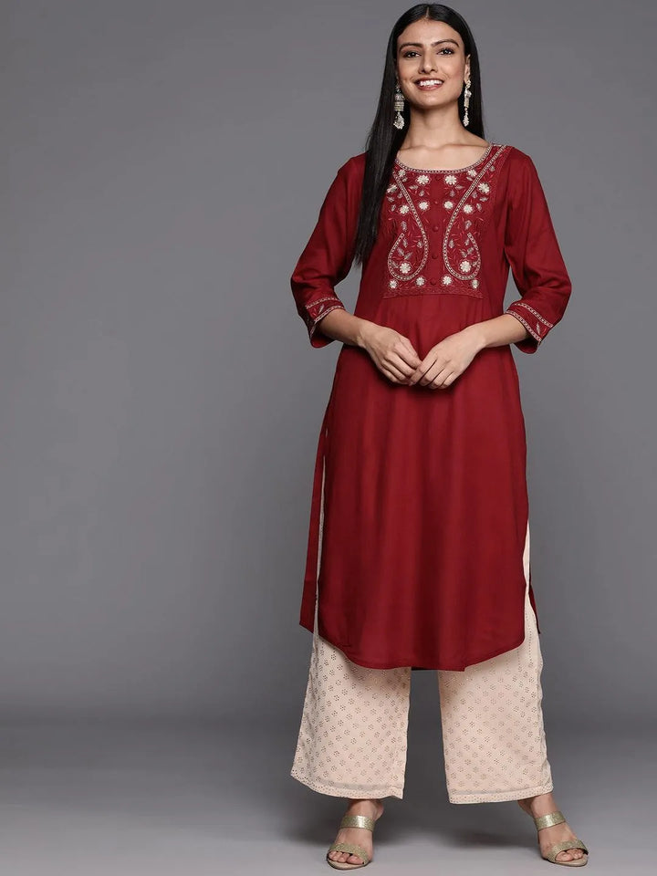 Red Yoke Design Rayon Straight Kurta