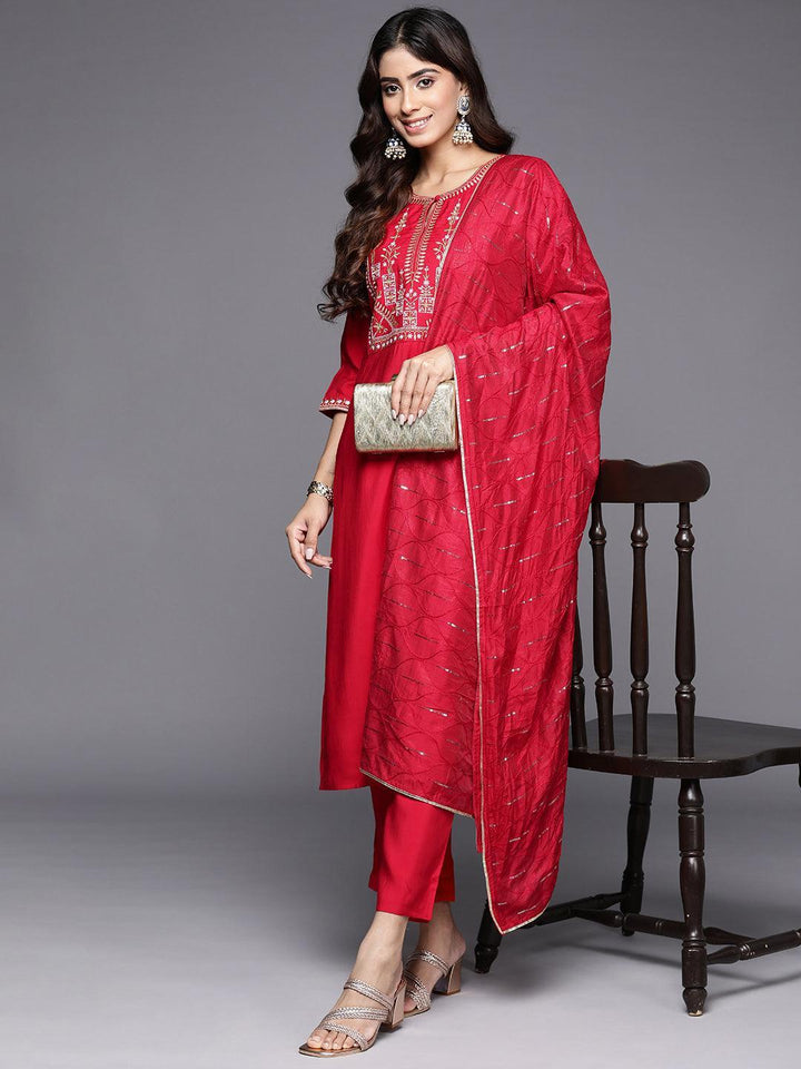 Red Yoke Design Silk Blend Straight Suit With Dupatta