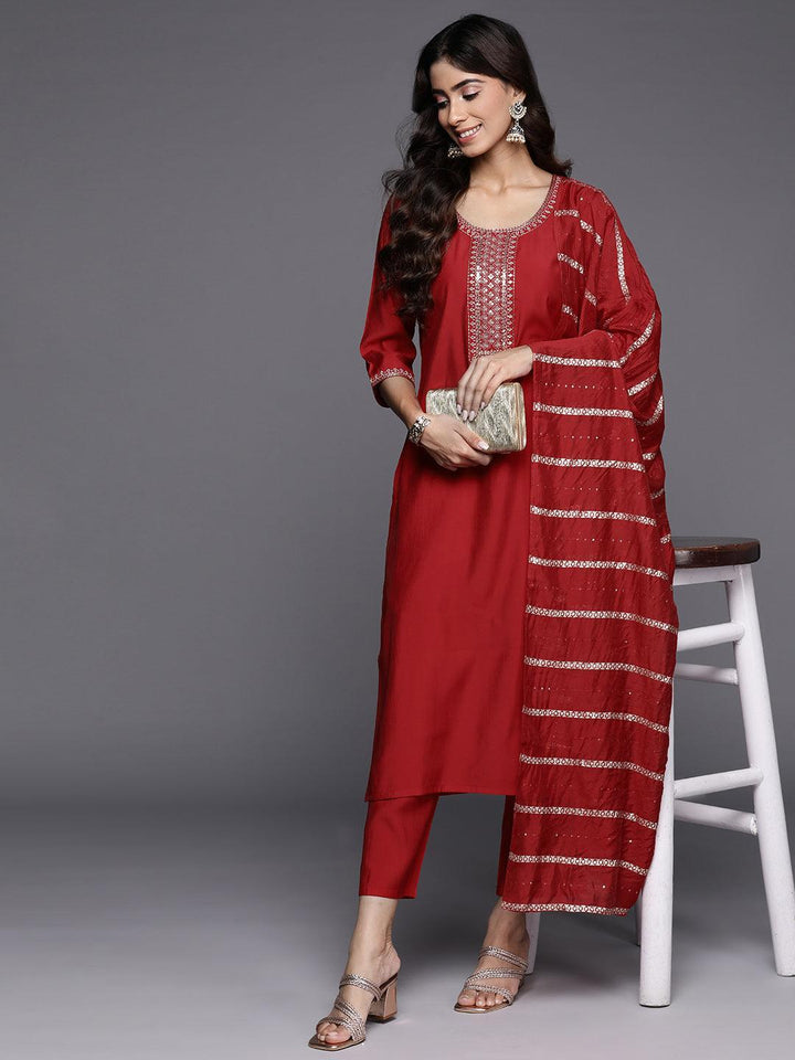 Red Yoke Design Silk Blend Straight Suit With Dupatta