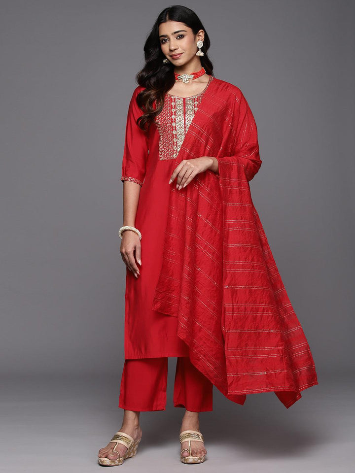 Red Yoke Design Silk Blend Straight Suit With Dupatta