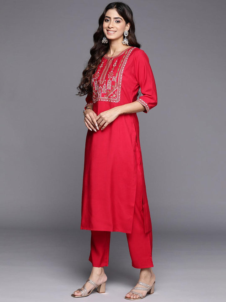 Red Yoke Design Silk Blend Straight Suit With Dupatta