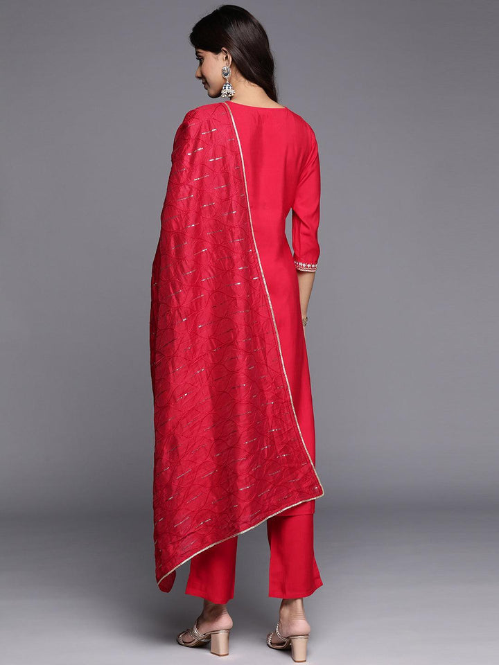 Red Yoke Design Silk Blend Straight Suit With Dupatta