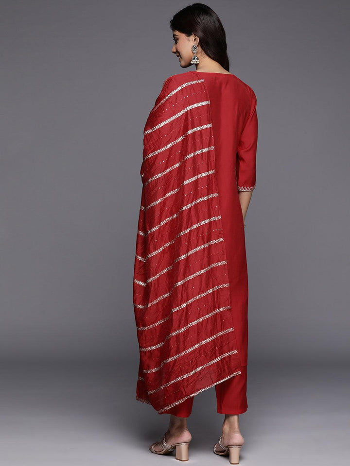 Red Yoke Design Silk Blend Straight Suit With Dupatta