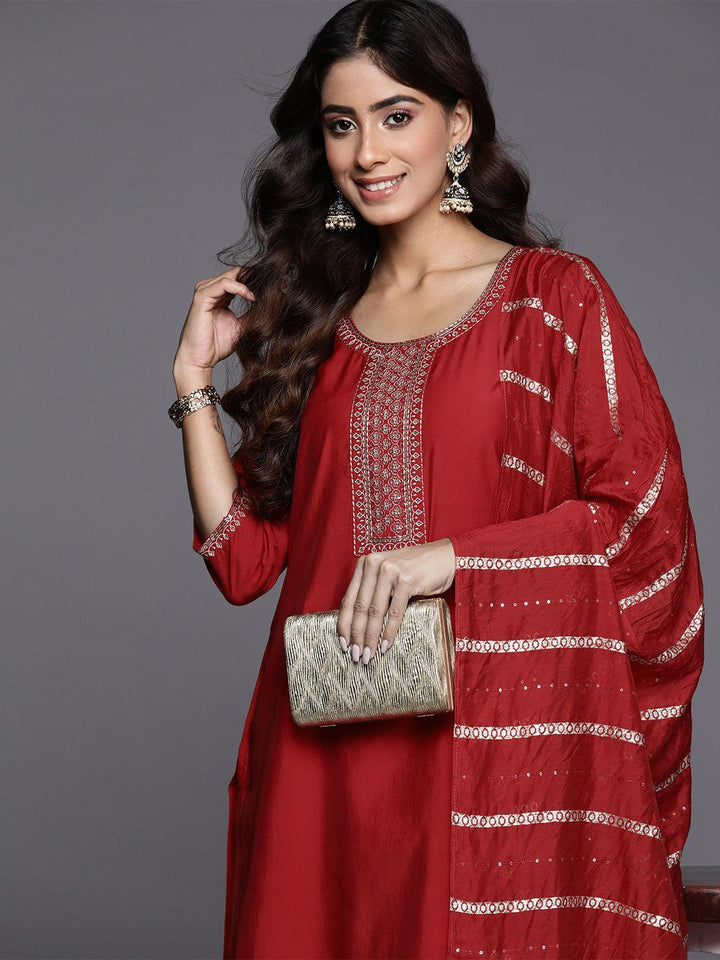 Red Yoke Design Silk Blend Straight Suit With Dupatta