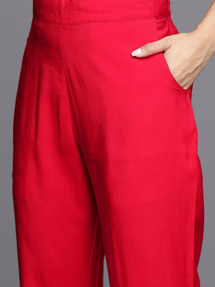 Red Yoke Design Silk Blend Straight Suit With Dupatta