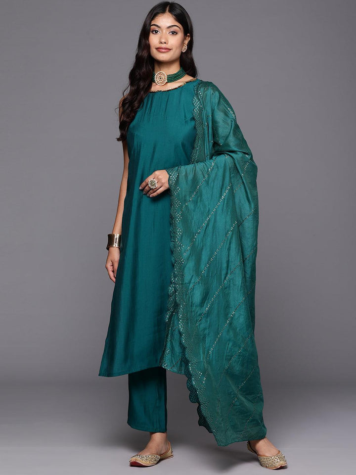 Teal Solid Silk Blend Straight Suit With Dupatta
