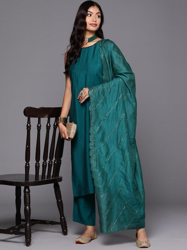 Teal Solid Silk Blend Straight Suit With Dupatta