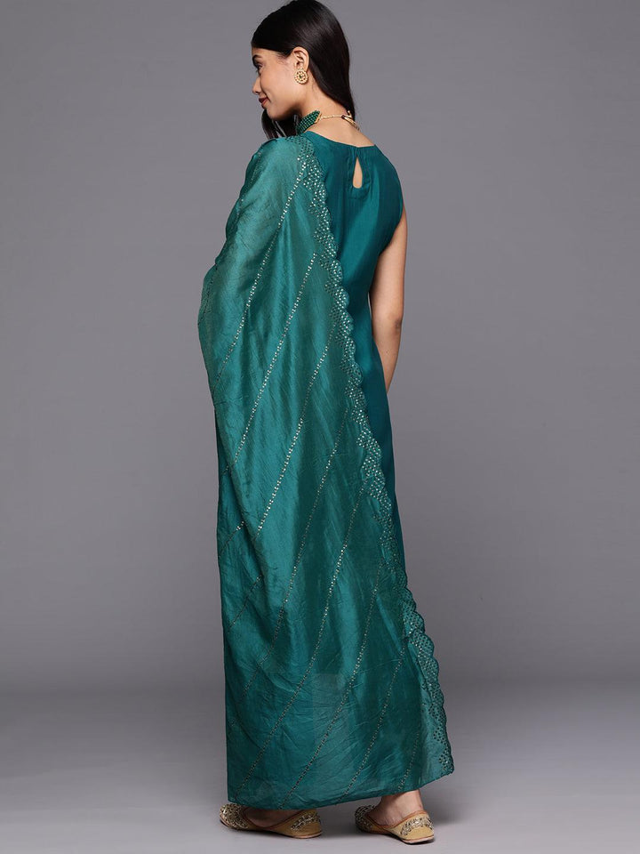 Teal Solid Silk Blend Straight Suit With Dupatta