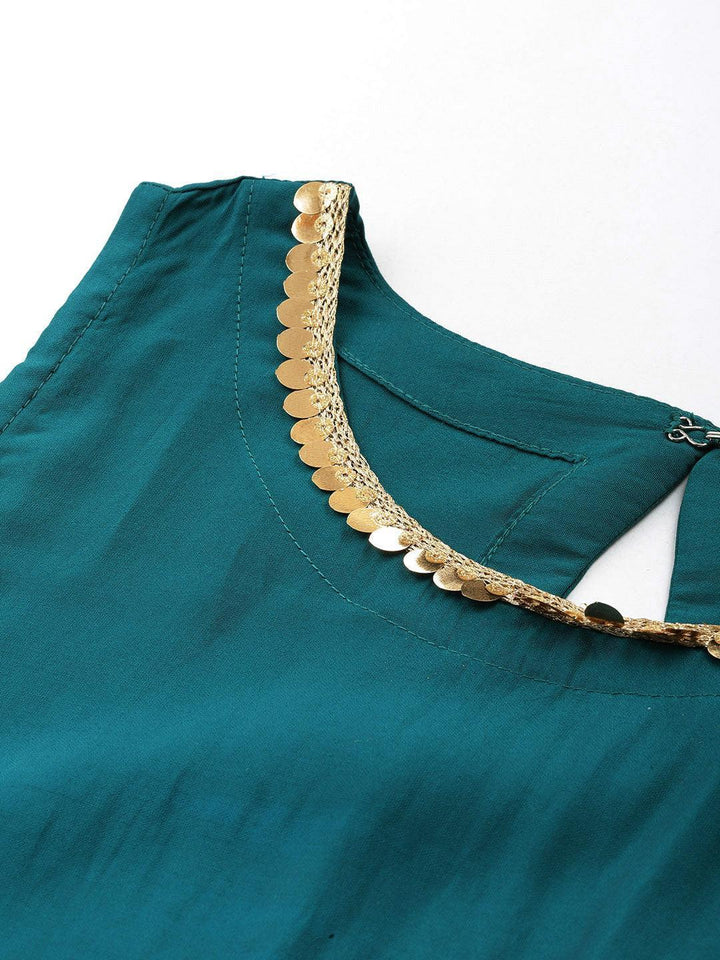 Teal Solid Silk Blend Straight Suit With Dupatta