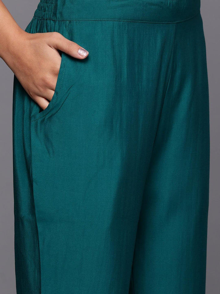Teal Solid Silk Blend Straight Suit With Dupatta