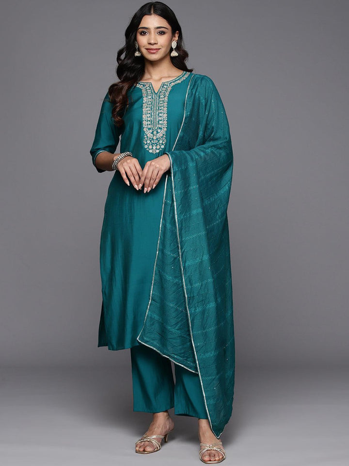 Teal Yoke Design Silk Blend Straight Suit With Dupatta
