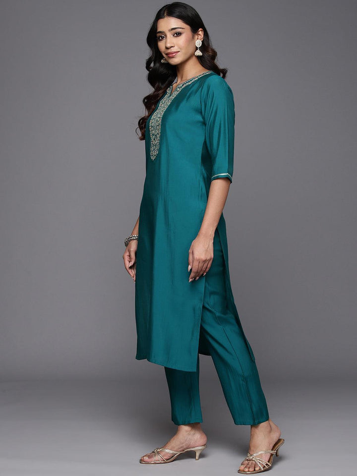 Teal Yoke Design Silk Blend Straight Suit With Dupatta