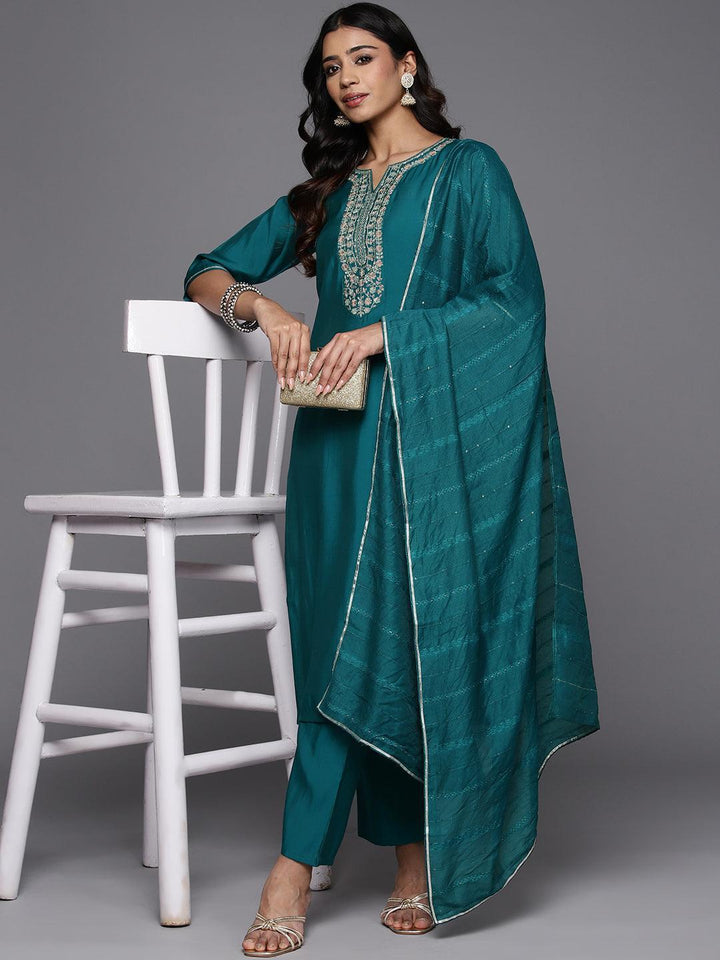 Teal Yoke Design Silk Blend Straight Suit With Dupatta