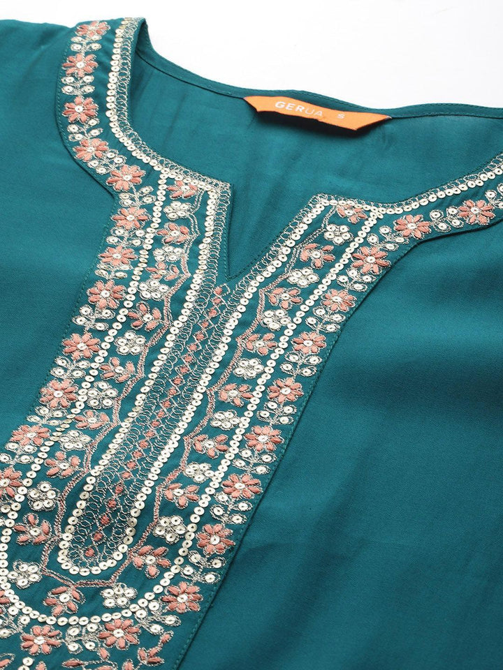 Teal Yoke Design Silk Blend Straight Suit With Dupatta
