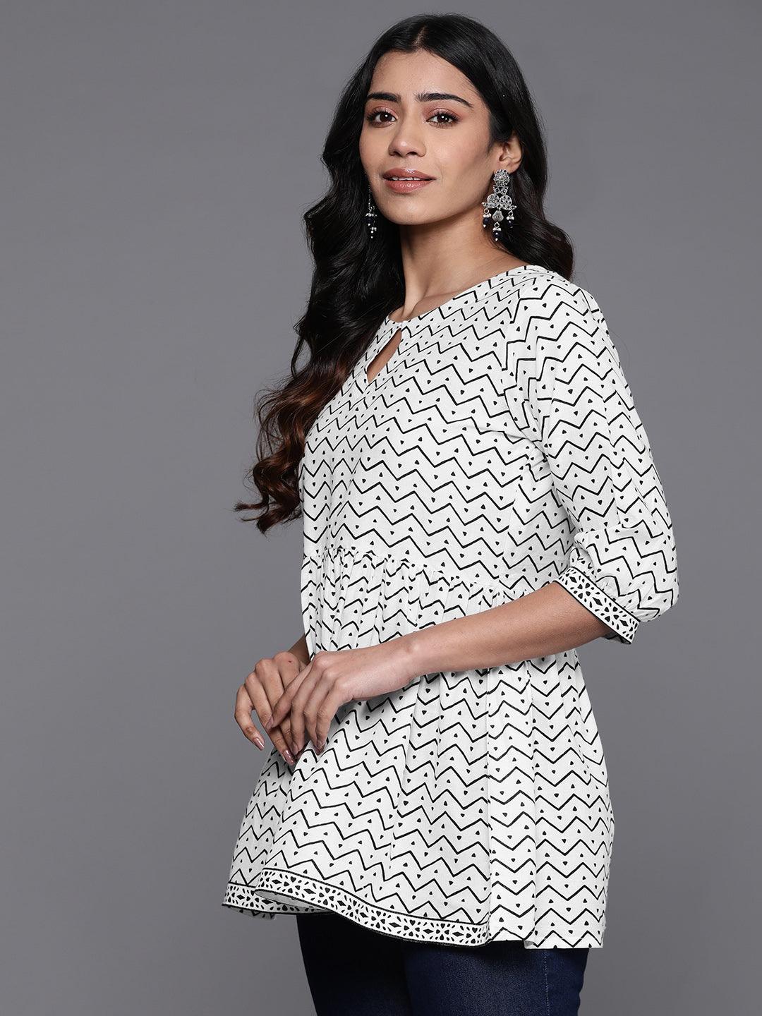 White Printed Cotton A-Line Kurti - ShopLibas