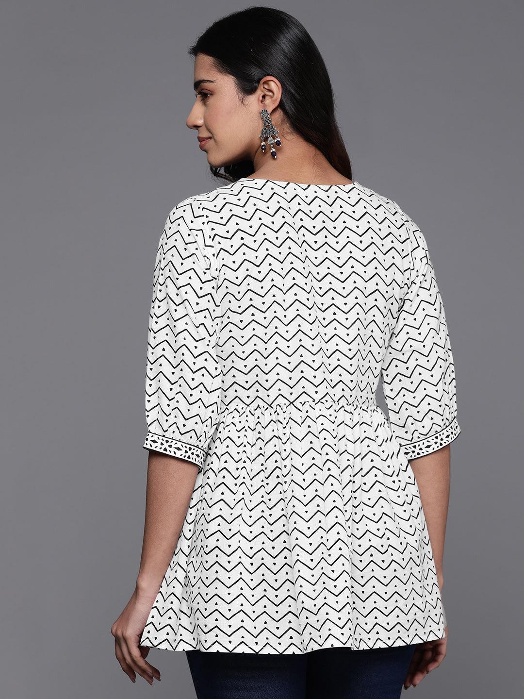 White Printed Cotton A-Line Kurti - ShopLibas
