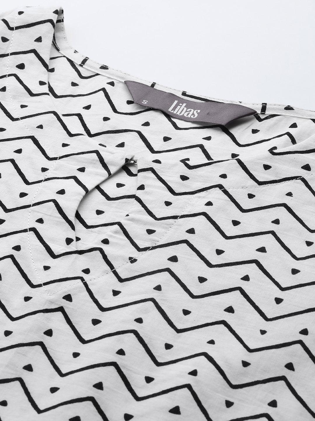 White Printed Cotton A-Line Kurti - ShopLibas