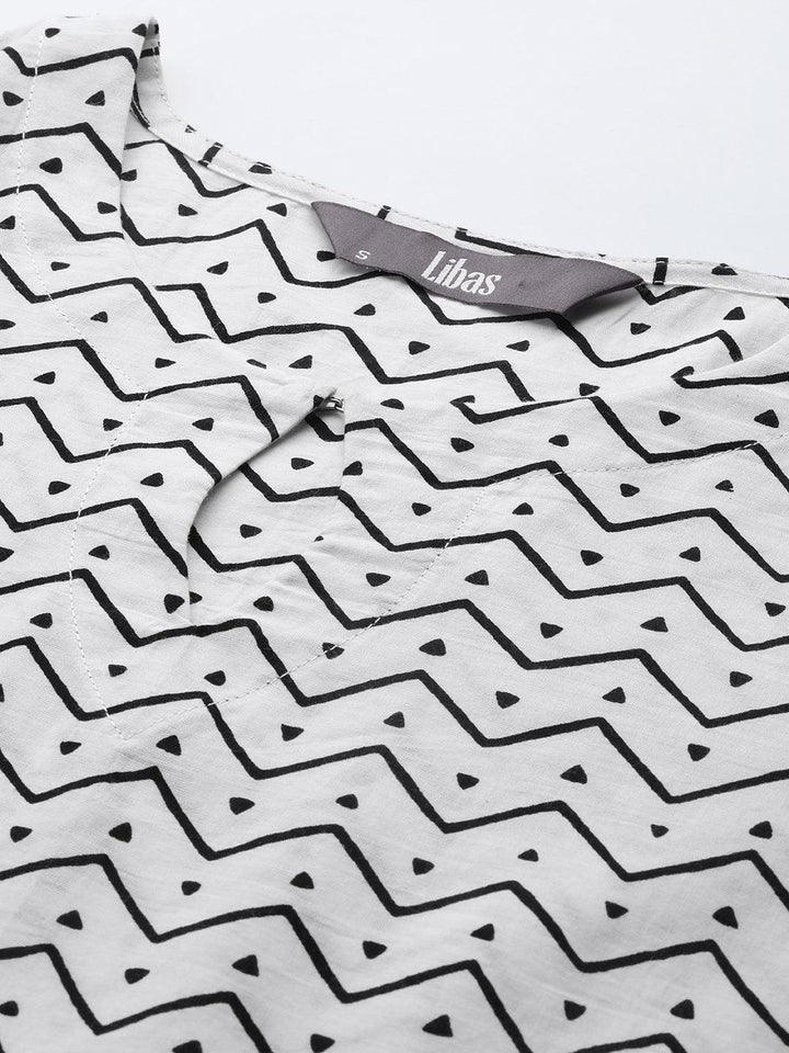 White Printed Cotton A-Line Kurti