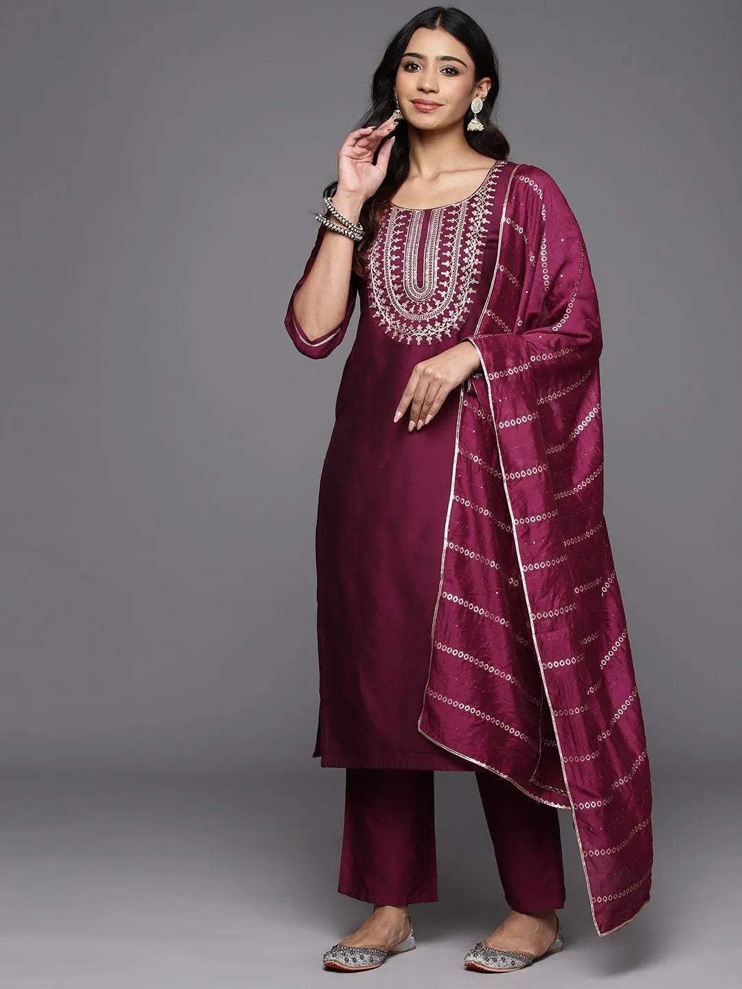 Wine Yoke Design Rayon Straight Kurta Set