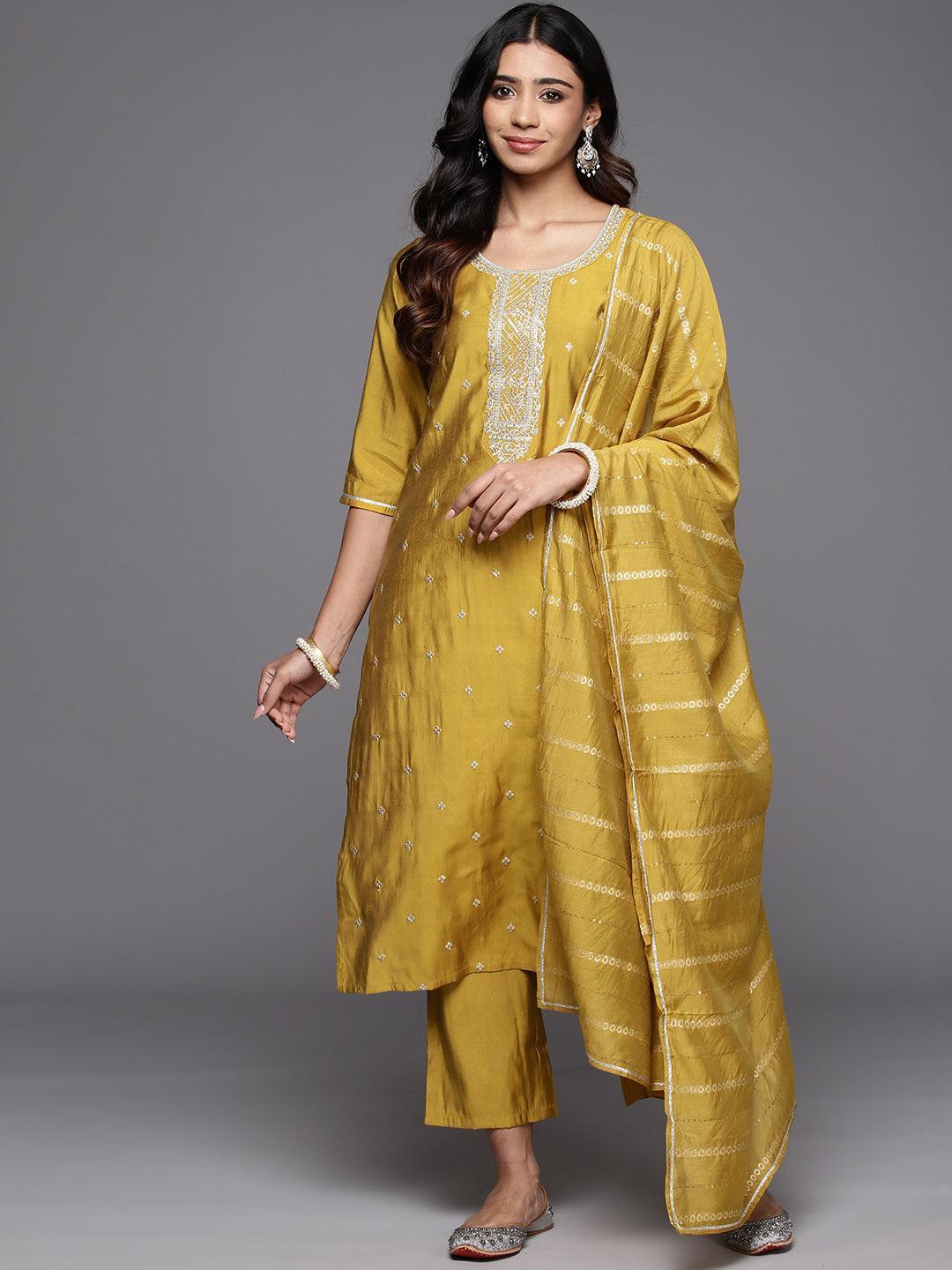 Yellow Embroidered Silk Blend A-Line Suit Sets With Dupatta
