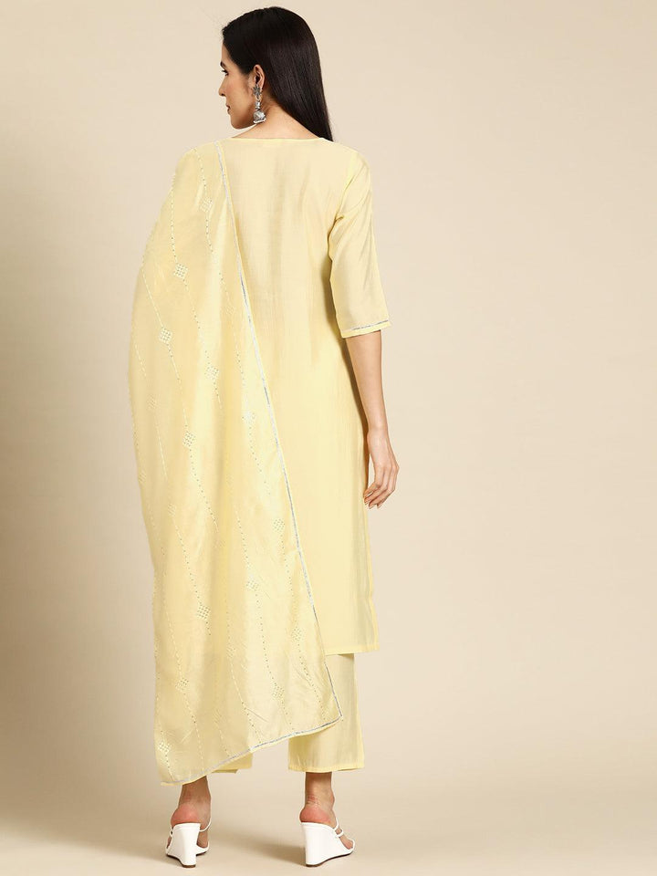 Yellow Yoke Design Silk Blend Straight Suit With Dupatta