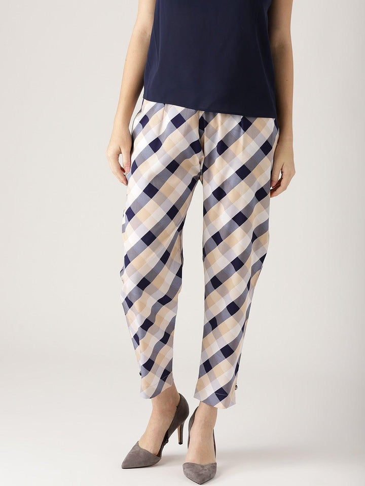 White Checkered Polyester Trousers