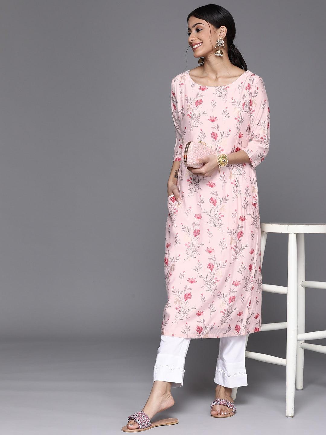 Pink Printed Chanderi Silk Kurta - ShopLibas