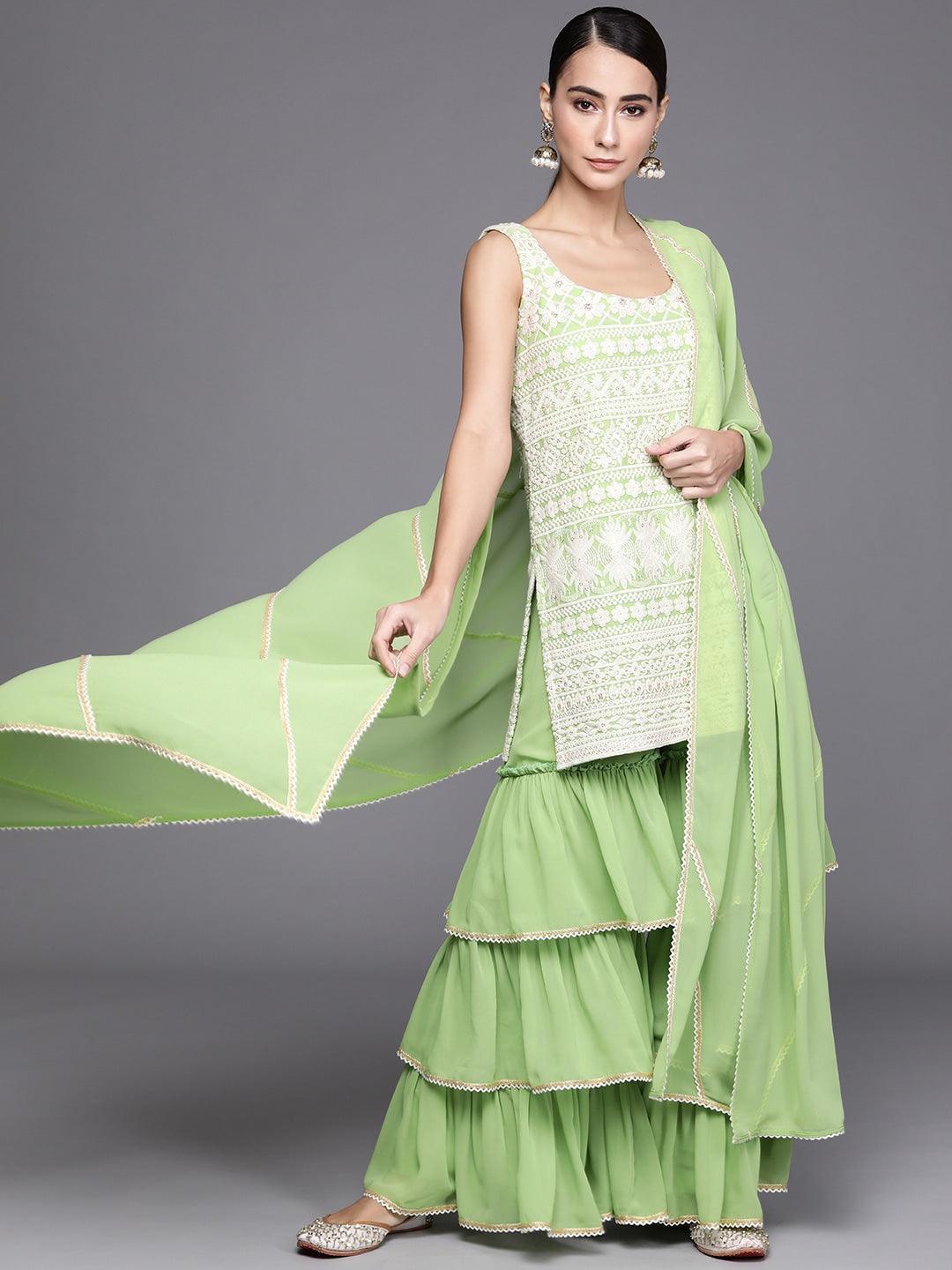 Green Embroidered Georgette Suit Set - ShopLibas