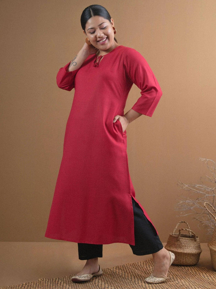 Plus Size Maroon Solid Cotton Kurta