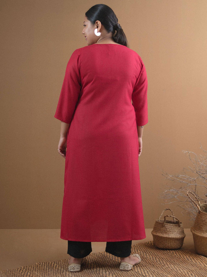 Plus Size Maroon Solid Cotton Kurta