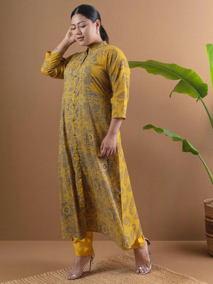 Plus Size Mustard Printed Cotton Kurta