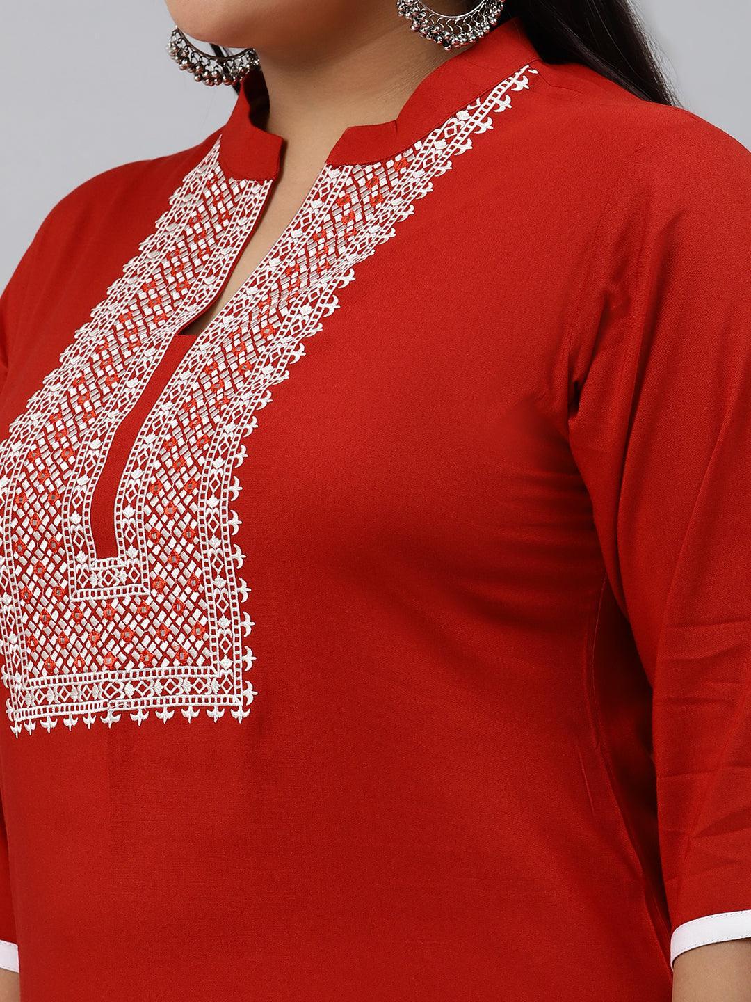 Plus Size Rust Embroidered Rayon Kurta - ShopLibas